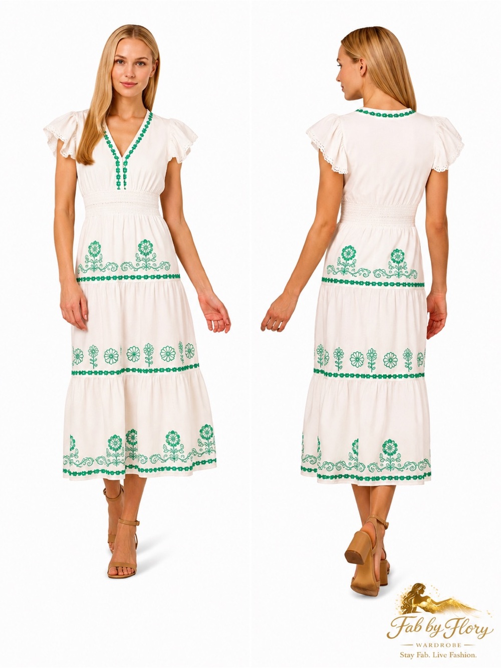 🤍💚 Adrianna by Adrianna Papell Embroidered Cotton Midi Dress
